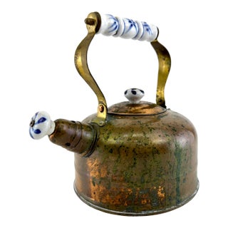 Antique Copper Tea Kettle With Blue & White Porcelain Handle and Finial For Sale