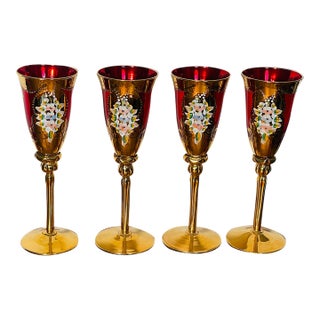 1970s Vietri Regalia Gold Enamel Ruby Champagne Glasses - Set of 4 For Sale