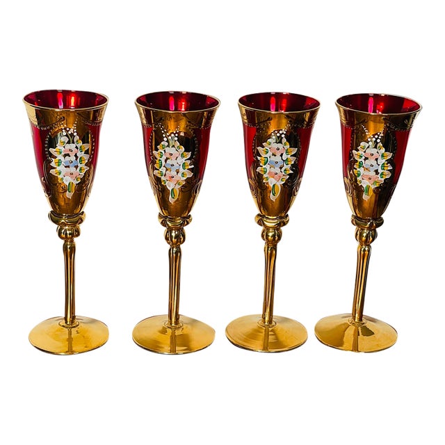 1970s Vietri Regalia Gold Enamel Ruby Champagne Glasses - Set of 4 For Sale