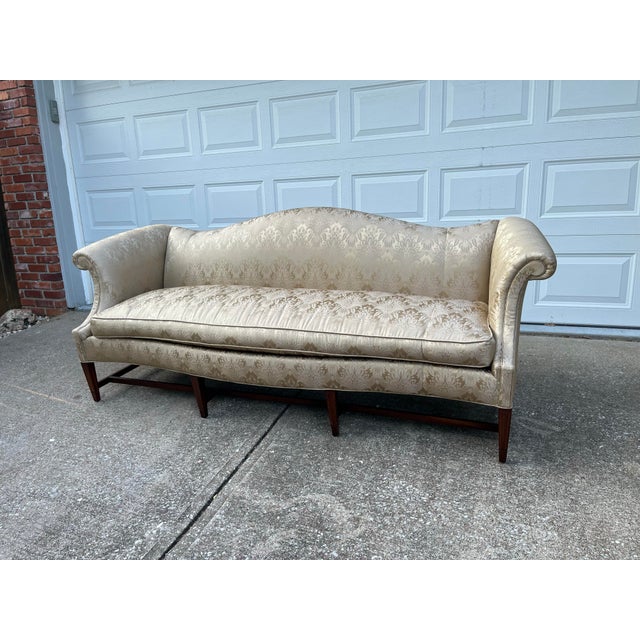 Scroll Arm Down Filled Camelback Sofa- Reupholstered in Golden Cream Damask Silk For Sale - Image 10 of 12