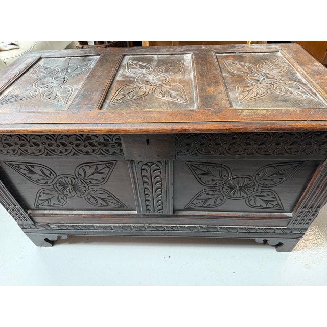 Vintage Carved Oak Coffer For Sale - Image 3 of 6