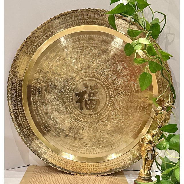 Vintage Oriental Brass Tray Etched Wall Hanging Large Tray For Sale - Image 4 of 8