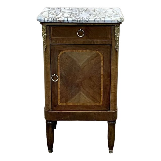 Nightstand in Marquetry and White Marble, Early 20th Century For Sale