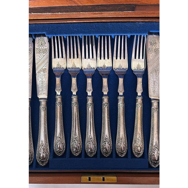 Metal Late 19th Century Victorian English Wooden Box With a Complete Silver-Plated Flatware - 48 pcs For Sale - Image 7 of 18