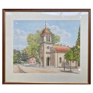 A. Chaudet, The Village Church, 1890s, Watercolor, Framed For Sale