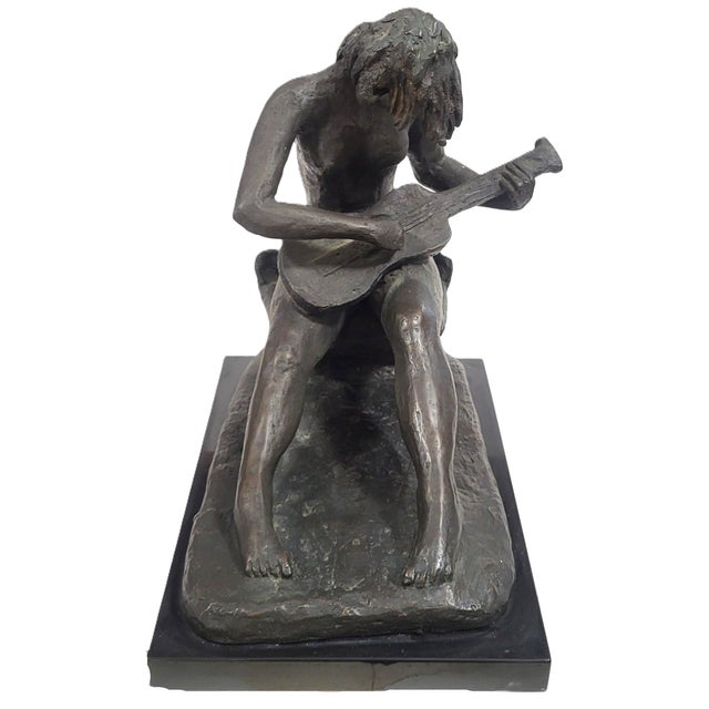 Vintage American Mid-Century Modern Bronze Sculpture Girl Playing Guitar by Weiner For Sale - Image 4 of 18