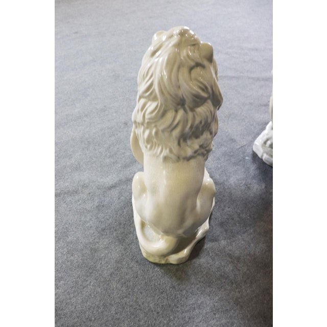 Pair Large White Glazed Ceramic Figures of Entryway Lions Paws Raised on Shield For Sale In Philadelphia - Image 6 of 12