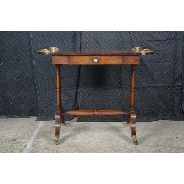 Early 20th Century Antique English Regency Style Rosewood Mahogany & Brass Gallery Writing Table For Sale - Image 5 of 18
