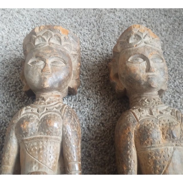 Pair, Vintage Antique Hand-Carved Wood Female Figures Temple Statue Sculpture 15" For Sale In Dallas - Image 6 of 15