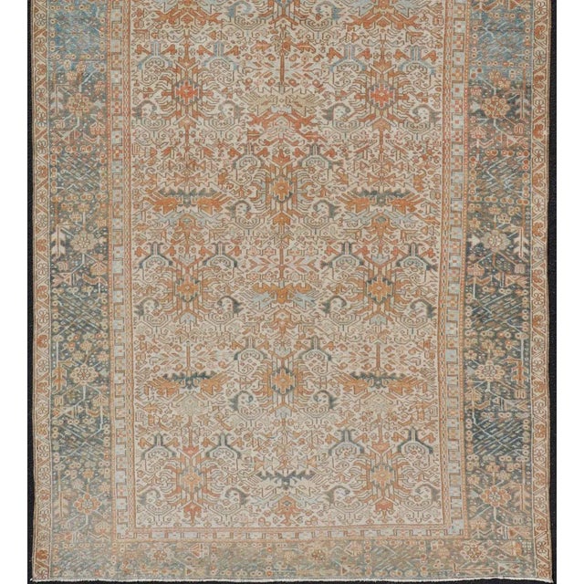 Tribal Antique Persian Gallery Heriz Rug With Geometric Design in Copper and Blue 5'1 X 12'3 For Sale - Image 3 of 15