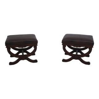 Pair of Faux Leather Mahogany Stools For Sale