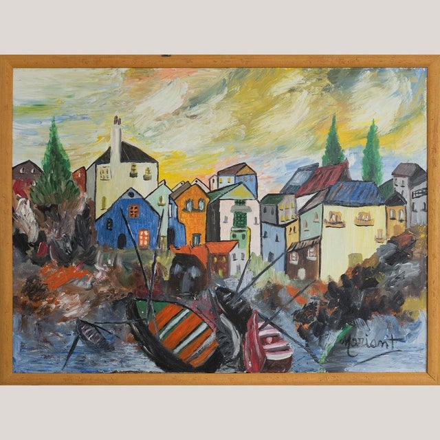 Colorful Mediterranean Village Scene with Boats, Oil Painting For Sale - Image 3 of 6