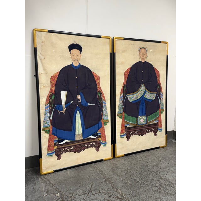 Asian Antique Chinese Qing Dynasty Ancestor Portraits, Pair For Sale - Image 3 of 12