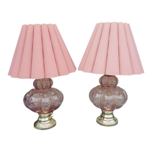 Vintage Carl Falkenstein Double Bubble Glass Pale Pink Hob Knob Painted Table Lamps Pink Pleated Shades- A Pair