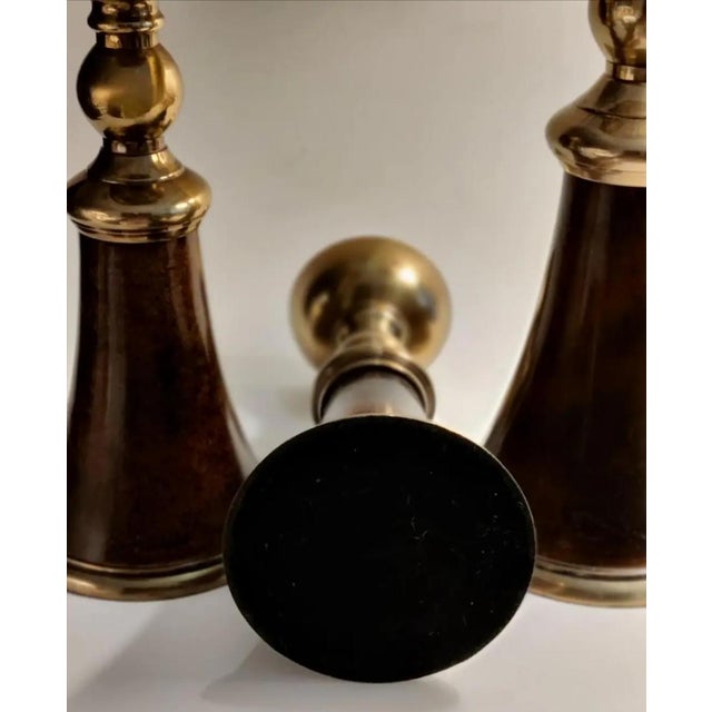 Transitional Set of 3 Large Brass and Faux Tortoiseshell Candle Holders For Sale - Image 3 of 4