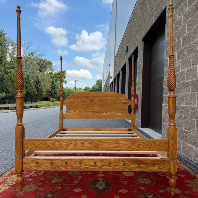 Farmhouse Vintage American Traditional Solid Oak Barley Twist Queen Poster Bed Attr. Jamestown Sterling For Sale - Image 3 of 17
