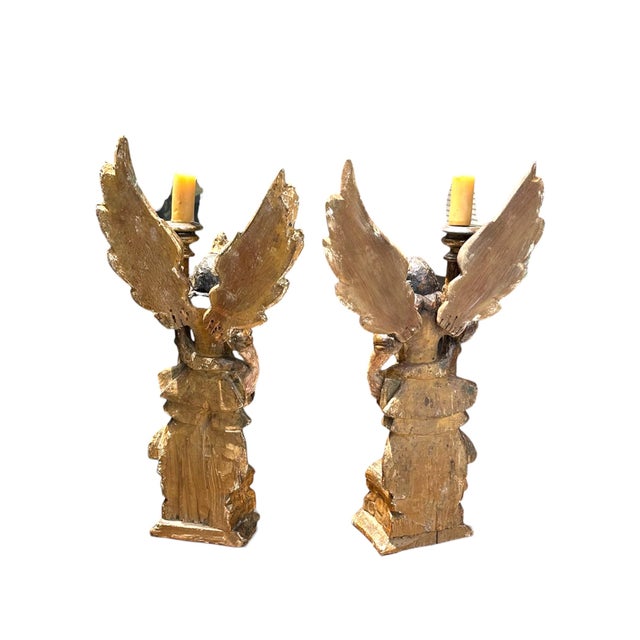 Pair of 18th Century Italian Carved and Polychrome Angel Candlesticks For Sale - Image 16 of 18