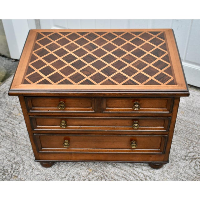 Wood Accent Chest Nightstand French Louis XIII Style Small 3 Drawer Parquet Top For Sale - Image 10 of 12