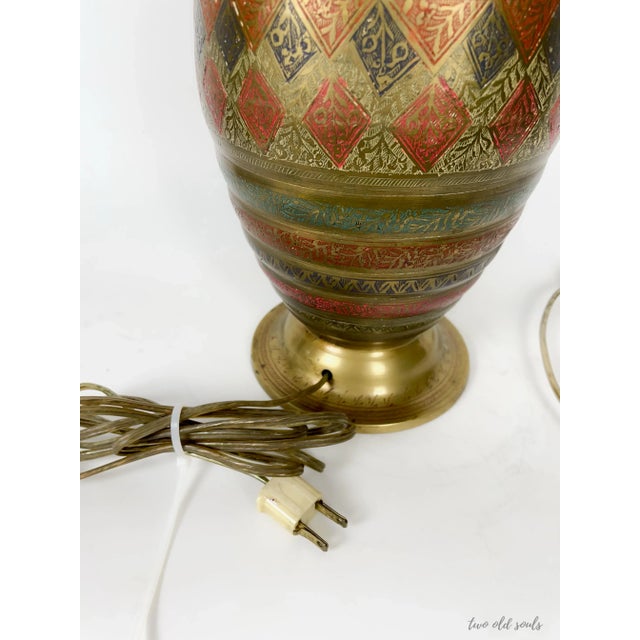 Vintage Carved Brass and Enamel Table Lamp For Sale - Image 4 of 12