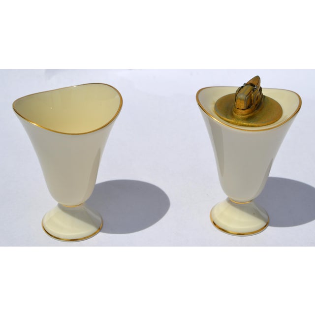 Cream 1960s Set of 4 Lenox Cream Ceramic Lighter Cigarette Holder Two Ashtrays Gold Trim For Sale - Image 8 of 14