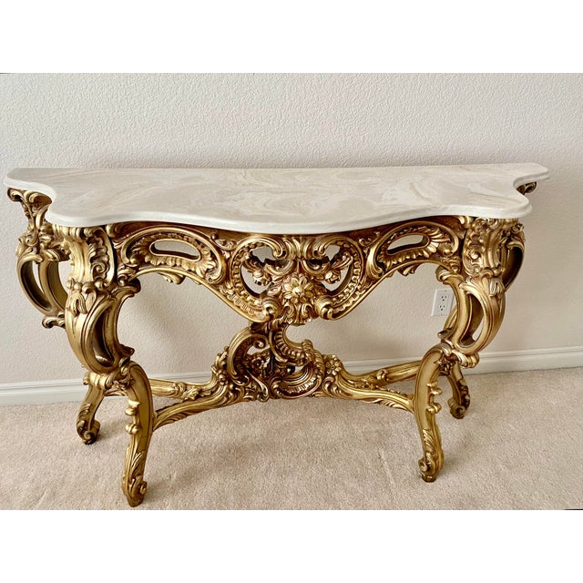 Gold French Louis XV Style Vintage Giltwood Rococo Carved Console Table Vintage For Sale - Image 8 of 15