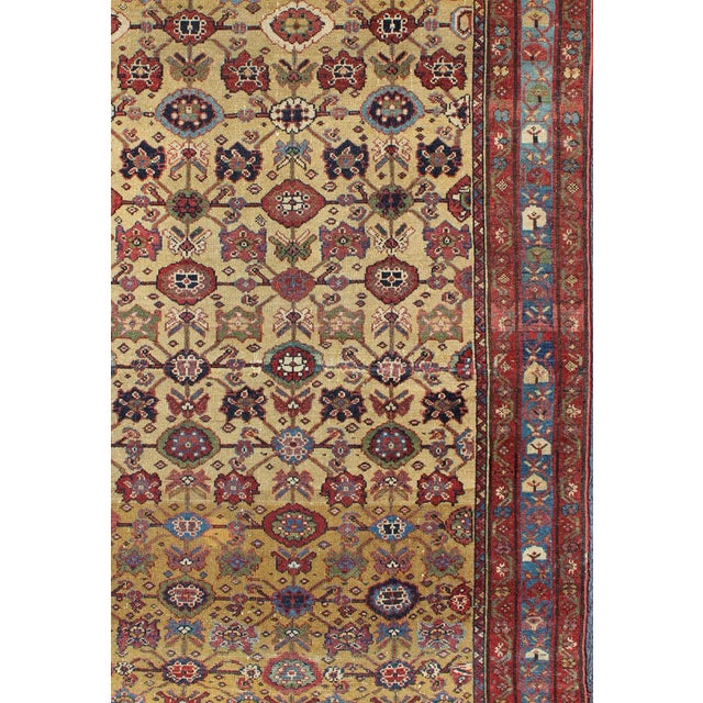 Tribal All Over Geometric Antique Persian Malayer Rug in Yellow, Red, Blue, Green For Sale - Image 3 of 13
