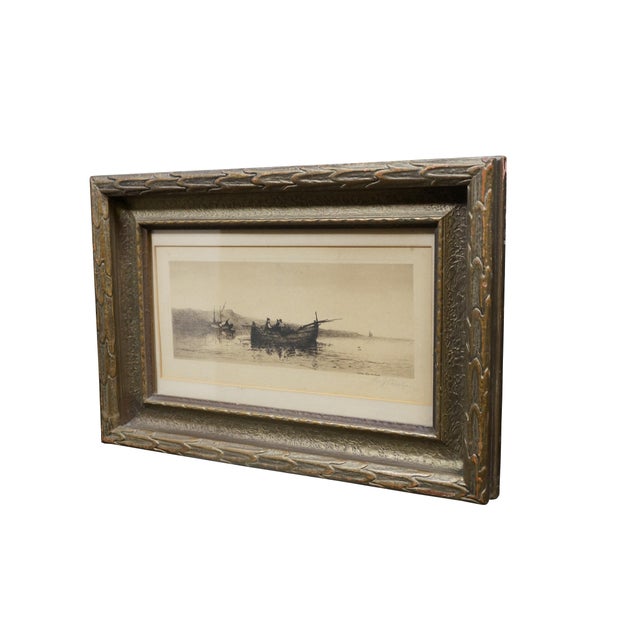 Antique panoramic seascape etching depicting a nautical maritime scene with fishing boats and figures. Pencil signed lower...