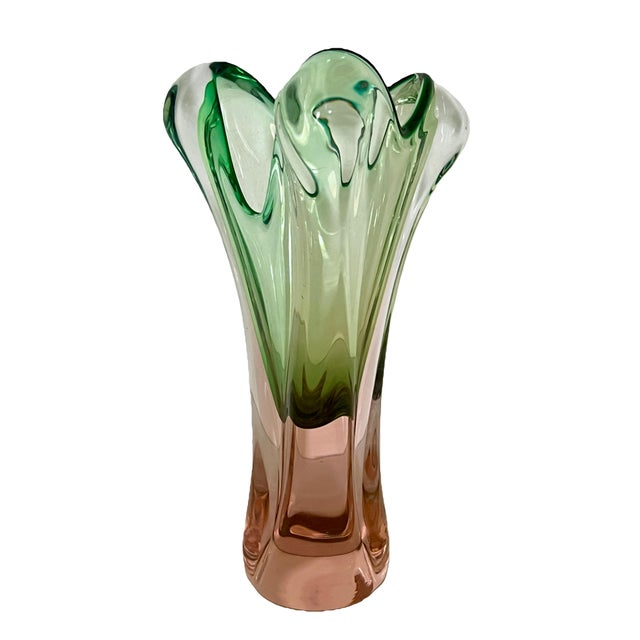 Large 1960's Asymmetrical Green and Gentle Pink Art Glass Vase, Josef Hospodka for Chrisbska For Sale - Image 4 of 12