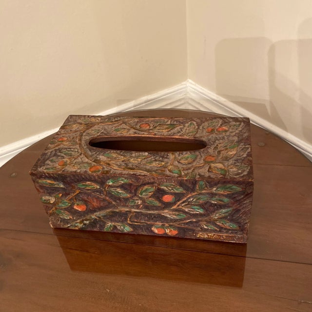 Very interesting and unsual hand carved tissue box with a tree and fruit motif!