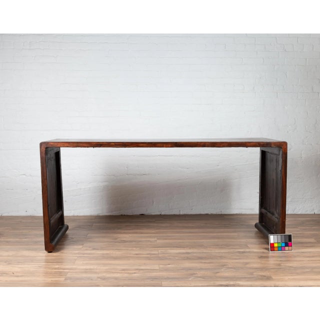 Burgundy Burmese Vintage Waterfall Console Table with Scrolling Feet and Dark Patina For Sale - Image 8 of 13