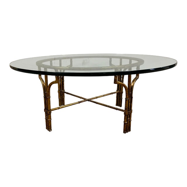 Hollywood Regency Gold Gilt Faux Bamboo & Glass Round Cocktail Table For Sale