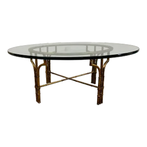 Hollywood Regency Gold Gilt Faux Bamboo & Glass Round Cocktail Table