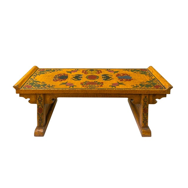 Chinese Distressed Yellow Treasures Graphic Rectangular Stand Display For Sale - Image 4 of 6
