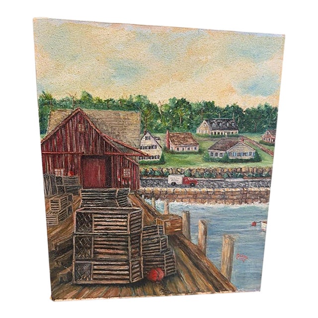 1993 Signed Folk Art Coastal Harbor & Lobster Wharf Oil on Canvas, 20” X 24” For Sale