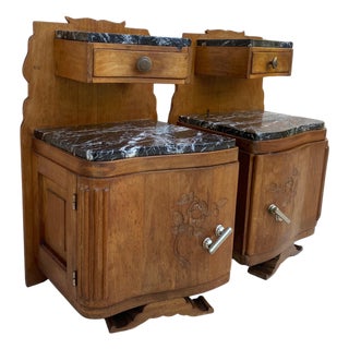 Art Nouveau Style Carved Nightstands or Bedside Tables with Marble Top, 1930, A Pair For Sale