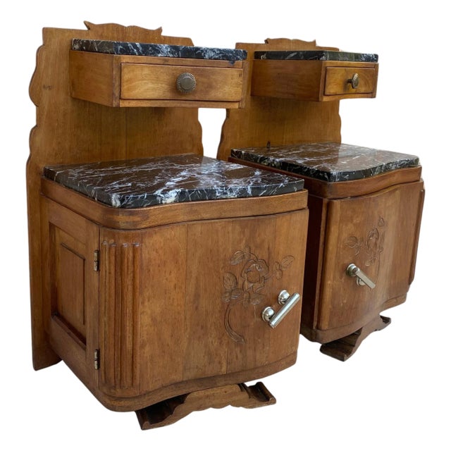 Art Nouveau Style Carved Nightstands or Bedside Tables with Marble Top, 1930, A Pair For Sale