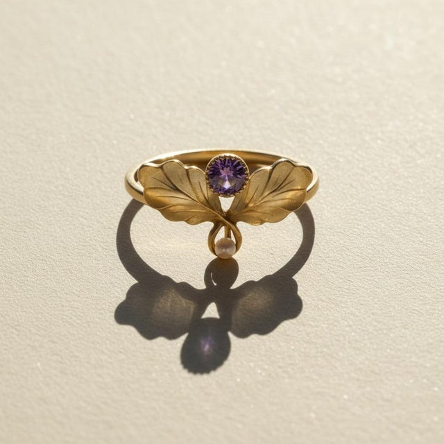 Sculptural Leaf Amethyst and Pearl Ring in 14k Yellow Gold. Botanical Amethyst Ring with Freshwater Pearl in 14k Gold. A...