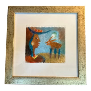 1970’s Original Abstract Woman With Dog Pastel Drawing Framed For Sale