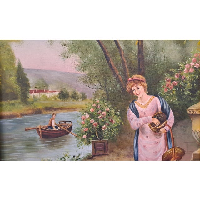 Romantic Scene with Lady and Swans on the River, Early 20th Century, Oil Painting on Canvas, Framed For Sale - Image 10 of 11