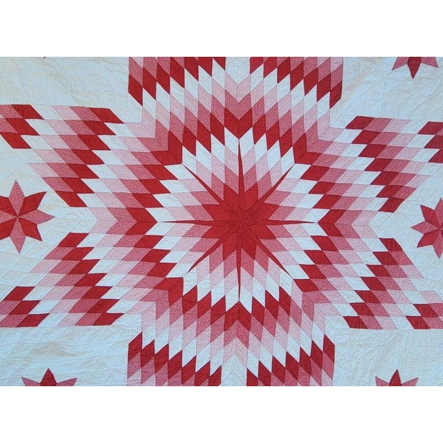 Folk Art Early R/W Pa Eight Point Star Quilt W/Center Mariners Compass & Floating Stars For Sale - Image 3 of 5