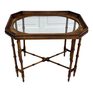 Vintage Chippendale Faux Bamboo Wood and Glass Side Table For Sale