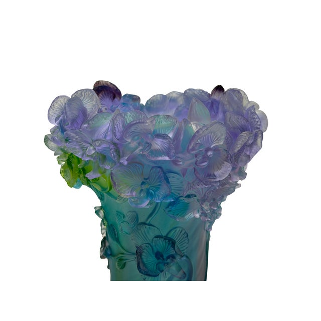 Purple Blue Green Crystal Glass Orchid Blossom Vase Display Art For Sale - Image 11 of 13