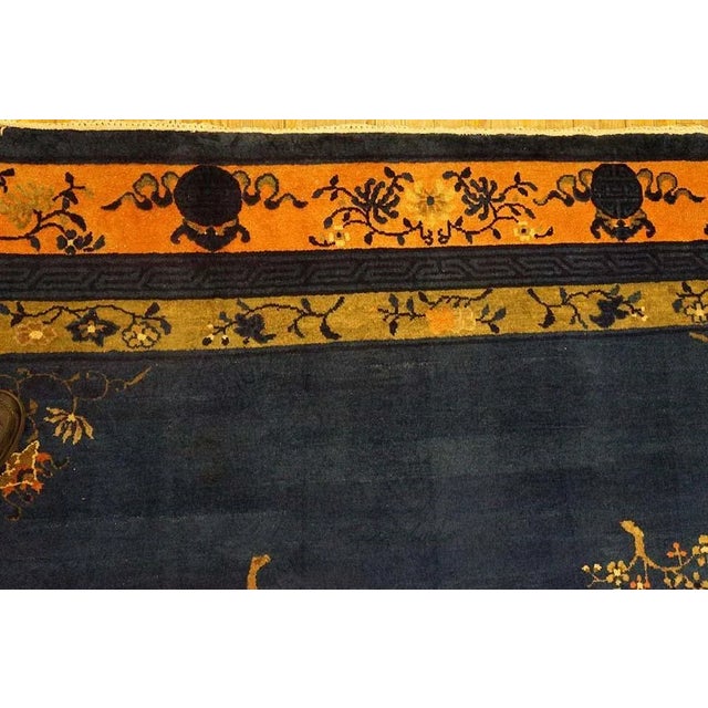 1920s Navy Blue Floral Art Antique Chinese Peking Rug 9'0" X 11'6" Knotted Wool Carpet For Sale - Image 9 of 9