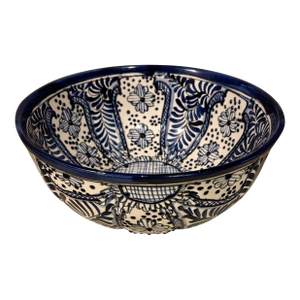 Vintage Mexican Talavera Hand-Painted Blue & White Ceramic Serving Bowl