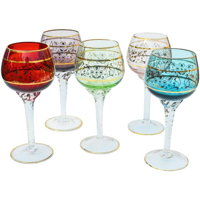 Mid-Century Modern Mid 20th Century Golden-Rimmed Floral-Patterned Colorful Crystal Stems - Set of 5 For Sale - Image 3 of 8