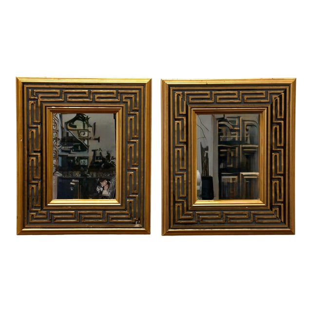 Pair of Vintage Traditional Neoclassical Greek Key Gold Finish Accent Wall Mirrors For Sale