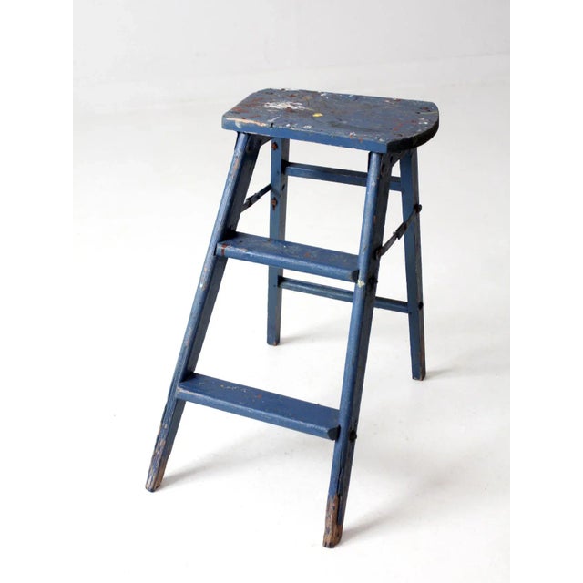 Vintage Wooden Blue Step Stool For Sale - Image 10 of 10
