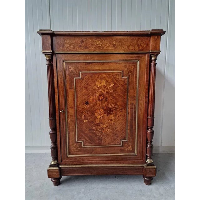 Restored antique cabinet. Marble, brass, intarsia, mahogany. France. 1870s. Size: height 110cm; width 80cm; depth 53cm.