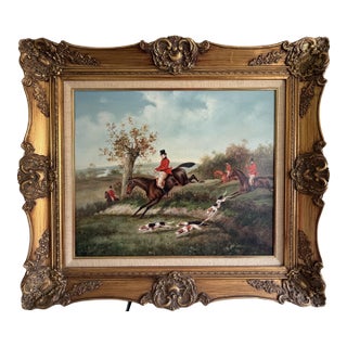 Late 20th Century W. Larsen Original Fox Hunting Oil Painting English Hunt Horses Hounds Framed For Sale
