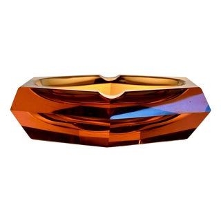 Art Deco Faceted Cut Hexagonal Amber-Colored Crystal Glass Ashtray, Bohemia, Former Czechoslovakia, 1920s For Sale